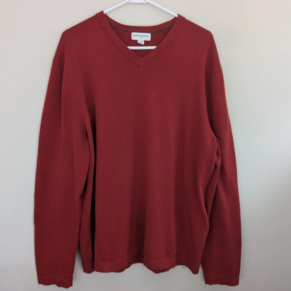 Banana Republic Mens Red V Neck Long Sleeve Cotton‎ Sweater Size XL